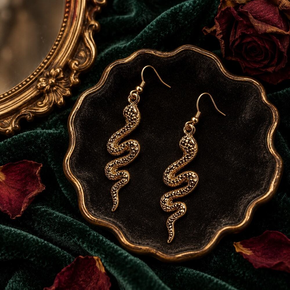 Gold Tone Textured Snake Dangle Earrings